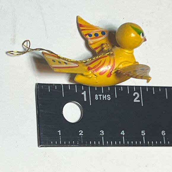 Hand Painted Vtg Wooden Bird Ornament Folk Art Yellow Red Green Holiday Decor - Picture 9 of 12